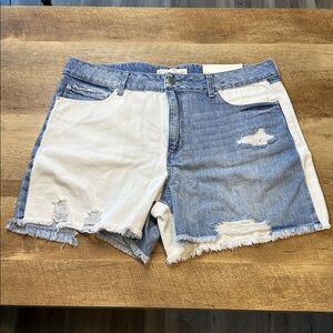 Two-Tone Distressed Denim Shorts